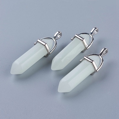 Synthetic Luminous Stone Double Terminated Pointed Pendants, Glow in the Dark, with Platinum Plated Alloy Findings, Bullet