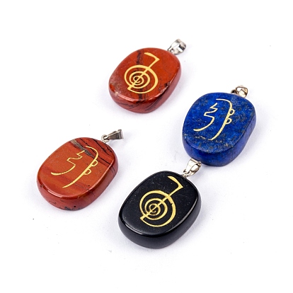 4 pcs 4 styles pendentifs en pierres précieuses naturelles, avec les accessoires en laiton de tonalité de platine, breloque ovale avec symboles religieux reiki motifs mixtes