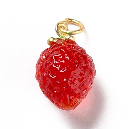 Handmade Lampwork Pendants, with Brass Findings, Cadmium Free & Lead Free, Matte Gold Color, 3D Strawberry