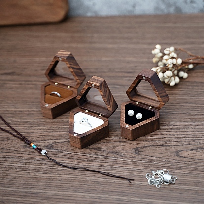 Caja de presentación de anillos de madera triangular, Estuche magnético para anillos de almacenamiento portátil para joyas con ventana visible y terciopelo en el interior