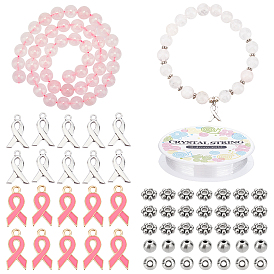 Nbeads diy kit de fabrication de bracelet en quartz rose naturel, y compris 44~48 brins de perles de quartz rose naturel rond, 110perles en alliage pcs, 10 breloques en alliage pcs, fil élastique