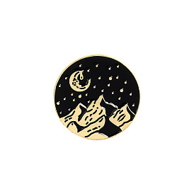 Alloy Enamel Pins, Brooch for Backpack Clothes, Flat Round with Mountain & Moon