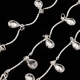 Brass Curved Bar Link Chains, with Clear Cubic Zirconia Teardrop Charms, Unwelded, with Spool