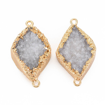 Natural Druzy Agate Connector Charms, with Light Gold Plated Brass Loops, Rhombus