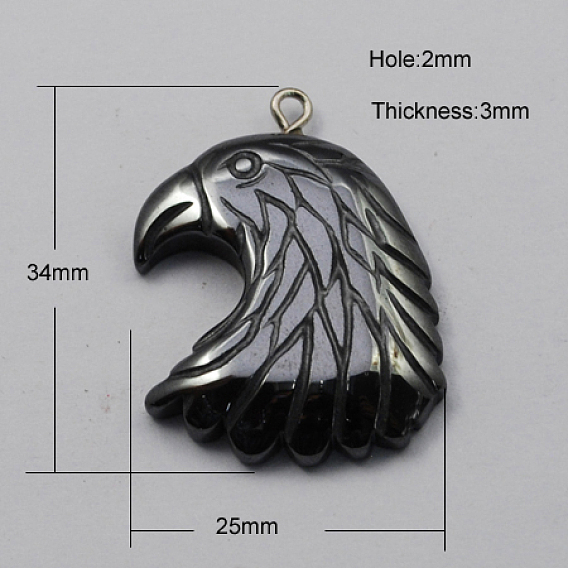 Non-magnetic Hematite Pendants, Grade A, with Iron Findings, Eagle/Hawk Charm, 34x25x3mm, Hole: 2mm