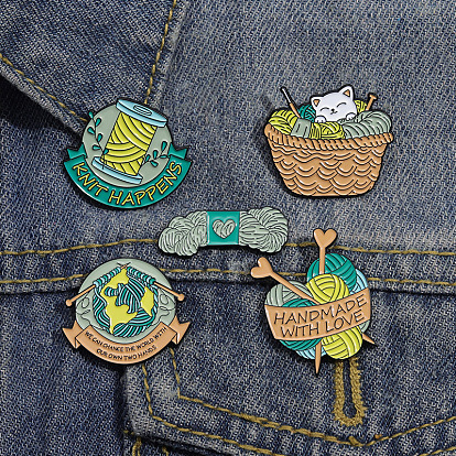 Yarn Knitting Theme Planet/Heart/Basket Enamel Pins, Black Alloy Cartoon Badge for Backpack Clothes