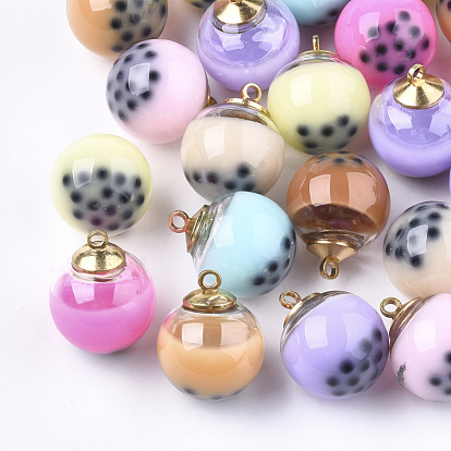 Glass Pendants, with Resin & Brass Findings, Bubble Tea, Round, Light Gold