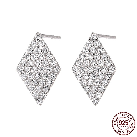 925 Sterling Silver Stud Earring Findings, with Micro Pave Cubic Zirconia, Bar Links and Ice Pick Pinch Bail, Rhombus