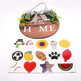 Natural Wood Door Hanging Decoration for Front Door Decoration, with Hemp Rope and Paper Picture Stickers, Flat Round with Bowknot & Word Home