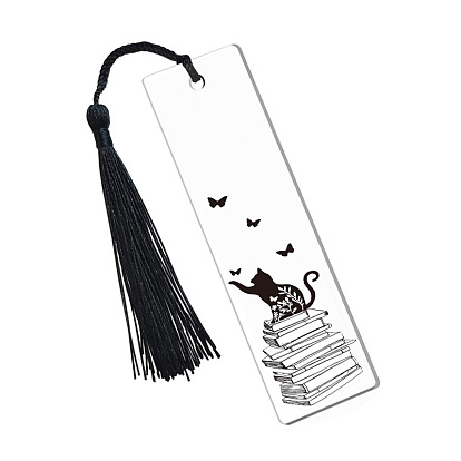 Cat & Book Pattern Transparent Acrylic Bookmarks, Tassel Bookmarks, Rectangle