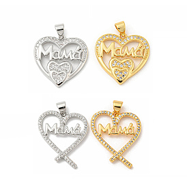 Mother's Day Theme Rack Plating Brass Micro Pave Cubic Zirconia Pendants, Long-Lasting Plated, Lead Free & Cadmium Free, Heart and Word Mama Charms