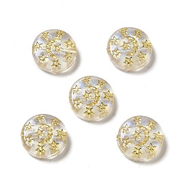 Plating Acrylic Beads, Golden Metal Enlaced, Flat Round with Star & Moon
