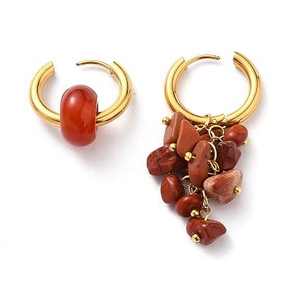 Natural Gemstone Bead Asymmetrical Earrings, Hoop Earring, with Golden 304 Stainless Steel Jump Rings and Brass Ball Head Pins