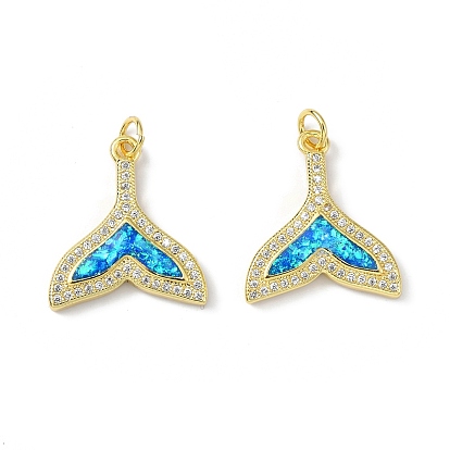 Brass Micro Pave Cubic Zirconia Pendants, with Synthetic Opal and Jump Ring, Long-Lasting Plated, Fishtail