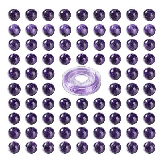 100 piezas 8 mm cuentas redondas de charoita natural, con 10 m hilo de cristal elástico, para kits de fabricación de pulseras elásticas de bricolaje