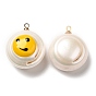 Pendentifs en perles naturelles avec émail, Breloques rondes plates à imprimé visage souriant avec bélières en laiton doré