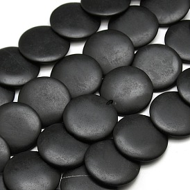 Brins de perles de pierre noires plates rondes naturelles, 30x5mm, trou: 1 mm, environ 17 pcs / brins, 15