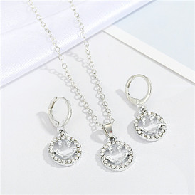Sparkling Smiley Face Silver Jewelry Set with Diamond Accents - Earrings, Necklace and Accessories