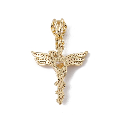 Brass Micro Pave Clear Cubic Zirconia Pendants, Cadmium Free & Nickel Free & Lead Free, Rack Plating, Wing Staff