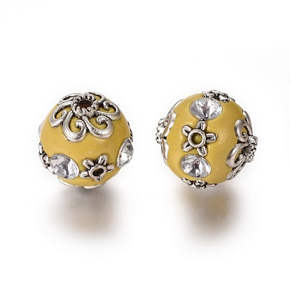 Perles Indonésiennes manuelles, avec strass en cristal et apprêts en métal, ronde, argent antique