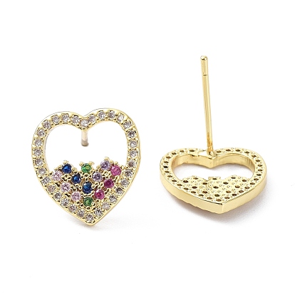 Heart Earrings for Valentine's Day, Brass Micro Pave Cubic Zirconia Stud Earrings