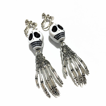 Resin Skull with Hand Dangle Clip-on Earrings, Halloween Alloy Jewelry for Women
