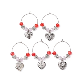 Valentine's Day Heart Alloy Wine Glass Charms, with Glass Beads and Brass Wine Glass Charm Rings