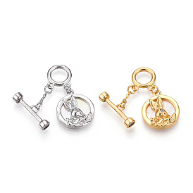 Shell Toggle Clasps, with Brass Crystal Rhinestone Findings, Flat Round with Rabbit