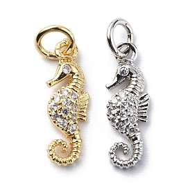 Brass Micro Pave Cubic Zirconia Charms, with Jump Ring, Sea Horse Charms