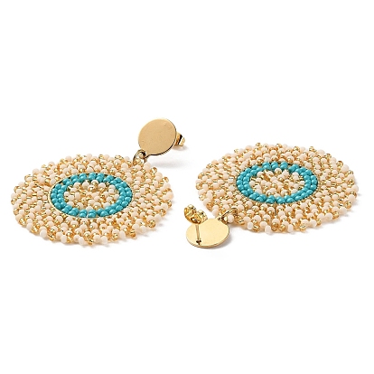 Boucles d'oreilles pendantes rondes et plates en perles de verre tissées, avec placage sous vide 304 broches en acier inoxydable