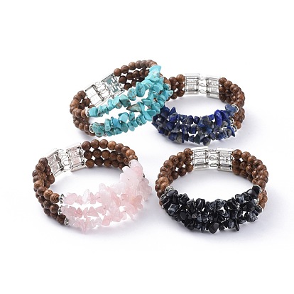 Trois boucles de bracelets en perles de copeaux de pierres précieuses, avec des perles en bois  , conclusions d'alliage et fil de mémoire de bracelet en acier