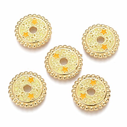 Brass Enamel Beads, Flat Round with Star & Yellow Star, Real 18K Gold Plated