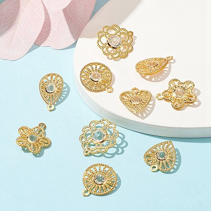 10 piezas 5 estilos colgantes de diamantes de imitación de hierro, dorado, dijes de flores, lágrimas, planos, redondos y de corazón