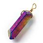 Electroplate Natural Crystal Pendants, Point Pendants, with Findings, Golden