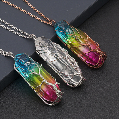 Rainbow Crystal Tree of Life Pendant Necklace with Vintage Copper Wire Wrap