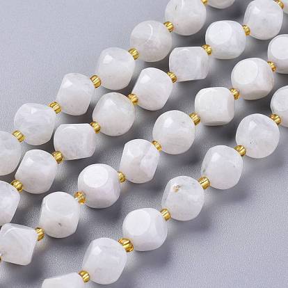 Brins de perles de pierre de lune arc-en-ciel naturel, avec des perles de rocaille, dés célestes à six faces