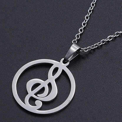 201 Stainless Steel Pendant Necklaces, with Cable Chains and Lobster Claw Clasps, Ring with Music Note