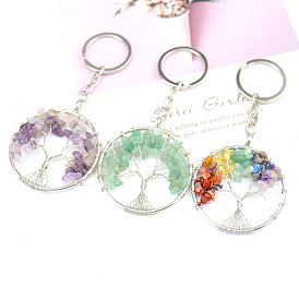 Wire Wrapped Natural & Synthetic Gemstone Chip Pendant Keychains, Flat Round with Tree of Life