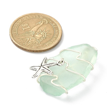 Pendentifs en verre de mer, avec des breloques enveloppées de fil en alliage de zinc de style tibétain