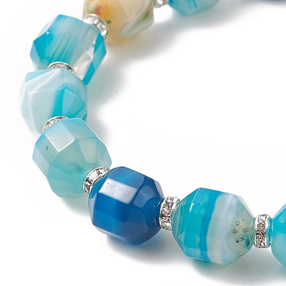 Dyed Natural Agate Beaded Stretch Bracelet with Brass Rhinestone Spacer, Blue Series Bracelets for Women
