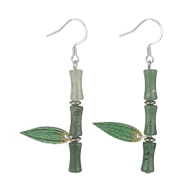 Natural Green Aventurine Bamboo Dangle Earrings, 304 Stainless Steel Long Drop Earrings for Women
