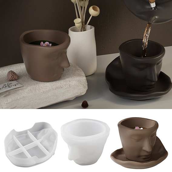Moldes de silicona para taza y tapete de taza con rostro humano de arte abstracto, moldes de posavasos de fundición de resina, para resina uv, fabricación artesanal de resina epoxi