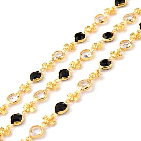 Chaînes de perles de verre faites à la main, avec les accessoires en laiton, plaqué longue durée, non soudée, avec bobine, plat rond & double cœur, or