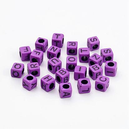 Mixed Letters Opaque Acrylic Cube Beads, Horizontal Hole, 6x6x6mm, Hole: 3mm, about 3100pcs/500g