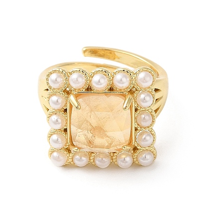 Anillo ajustable cuadrado de piedras preciosas naturales mezcladas con cuentas de perlas de plástico, joyas de latón chapado en oro real 14k
