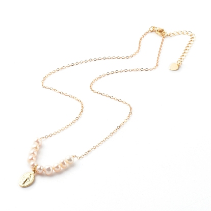 Ovale avec colliers pendentifs vierge marie et perles naturelles, avec chaîne en laiton