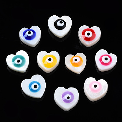 Natural Freshwater Shell Beads, with Enamel, Heart with Evil Eye