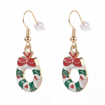 Christmas Theme Alloy Enamel Dangle Earrings Sets, with Brass Earring Hooks and Plastic Ear Nuts, Christmas Tree/Moon/Reindeer/Santa Claus/Wreath/Candy Cane, Golden