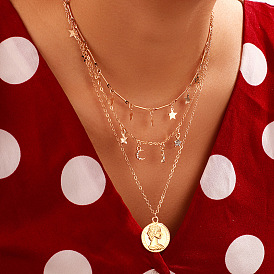 Stylish Multi-Layered Necklace with Diamond-Encrusted Figures, Stars and Moons