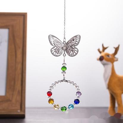 Cristal lustre suncatchers prismes chakra pendentif suspendu, avec des chaînes de câble de fer, Des billes de verre, pendentifs en verre strass et laiton, papillon avec anneau